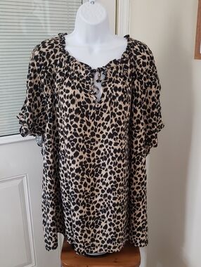 Liz Claiborne Leopard-Print Peasant Tunic - Black and Cream, 3X